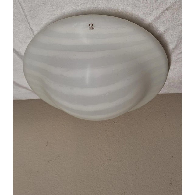 Flat Vintage German Ceiling Lamp with White Patterned Glass Shade by Peill & Putzler, 1970s, in Very Good conditions....