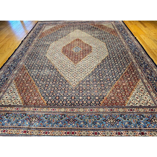 Antique Persian Tabriz Mahi Rug, Hand-Knotted Wool, Herati Geometric Pattern, Ivory & Navy, 10x13 For Sale - Image 11 of 18