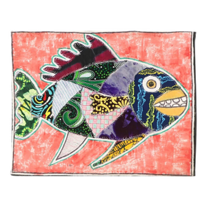Kayode Buraimoh Fabric Mixed Media Folk Art Collage "Fish," 2024
