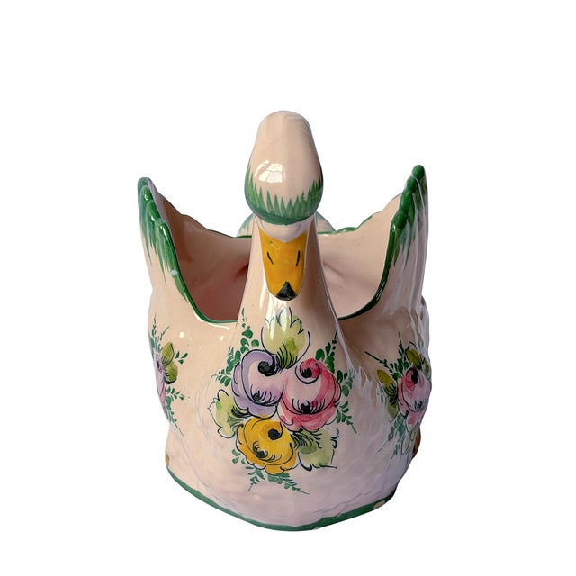 Vintage Portuguese Hand-Painted Pink Floral Ceramic Swan Planter For Sale In Houston - Image 6 of 7