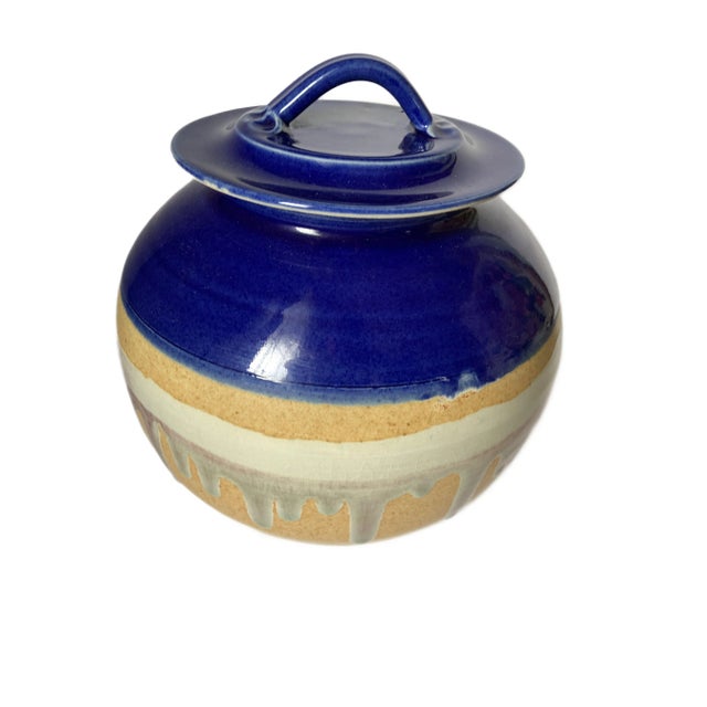 Rustic 1990s Walt Glass Master Potter Drip Glaze Big Lidded Cookie Jar Studio Pottery For Sale - Image 3 of 6