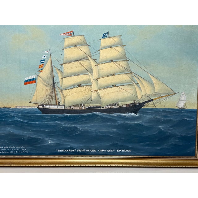 Mid-Century Modern Vintage Maritime Oil Painting of “Britannia of Åland” – Scandinavian Ship Portrait, Baltic Barque, Signed Hartvik After Lind For Sale - Image 3 of 18