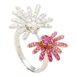 Pink Sapphire and Diamond Flower Motif Open Toi Et Moi Ring in 18K White Gold