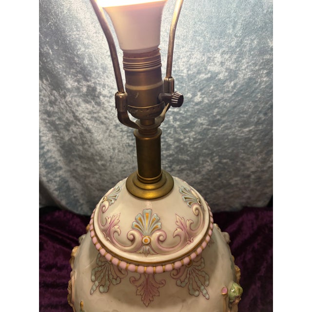 Vintage Italian Capodimonte Porcelain Table Lamp With Custom Fringe Shade - Mythological Bas Relief For Sale - Image 12 of 13