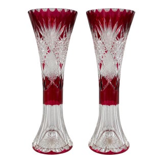 Early 20thC Bohemian Red Cut Crystal Vases - Pair For Sale