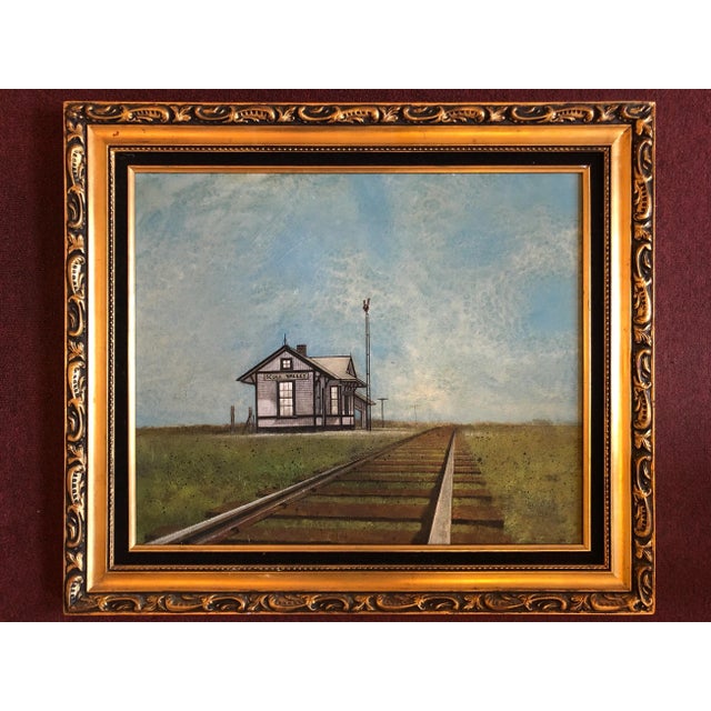 Wood Regional Landscape Painting of the Skull Valley Train Station For Sale - Image 7 of 7