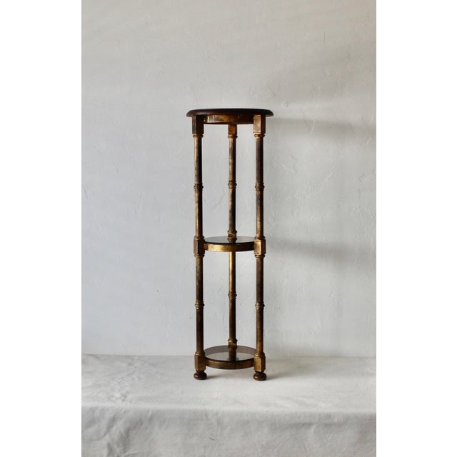 Hollywood Regency Maitland Smith Style Vintage Hollywood Regency Gilded Metal Wood Smoked Glass Three Tiered Plant Stand For Sale - Image 3 of 11