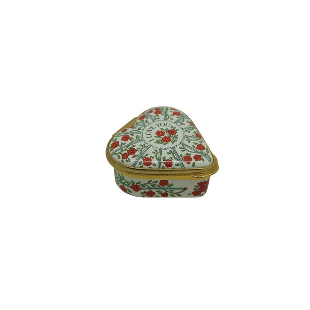 Vintage Halcyon Days Enamels heart-shaped trinket box featuring an "I Love You" floral and ribbon motif, handcrafted in...