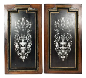 Pair French Napoleon III Ebonized Mahogany, Mother-of-Pearl Cabinet Doors