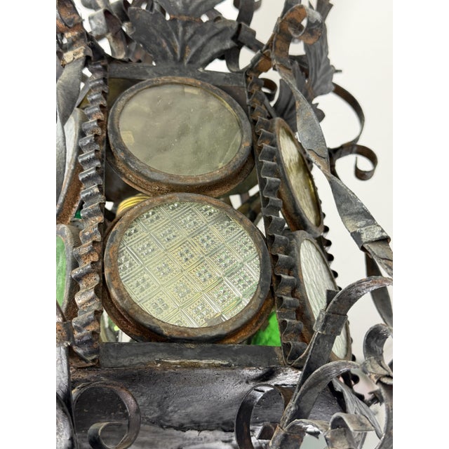 Venetian Lantern in Wrought Iron and Colored Glass, 1940s For Sale - Image 11 of 13