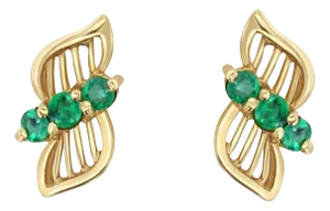 Fan Style Emerald Earrings 14k Yellow Gold, 2 Pieces