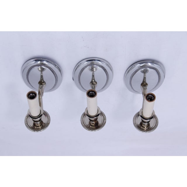 1980s Virginia Metalcrafters Set of 3 Silverplate Bronze Sconces For Sale In Philadelphia - Image 6 of 12