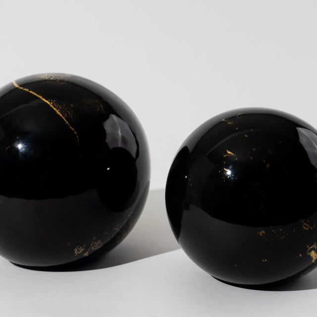 Contemporary Vintage Black and Gold Ceramic Globes - a Pair For Sale - Image 3 of 12