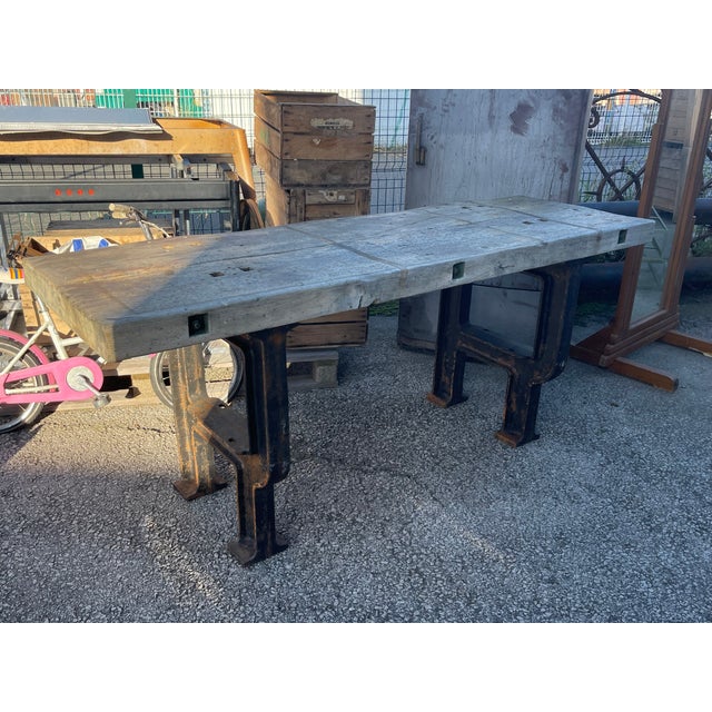 Industrial Industrial Factory Workbench in Cast Iron and Wood Top, 1955 For Sale - Image 3 of 8