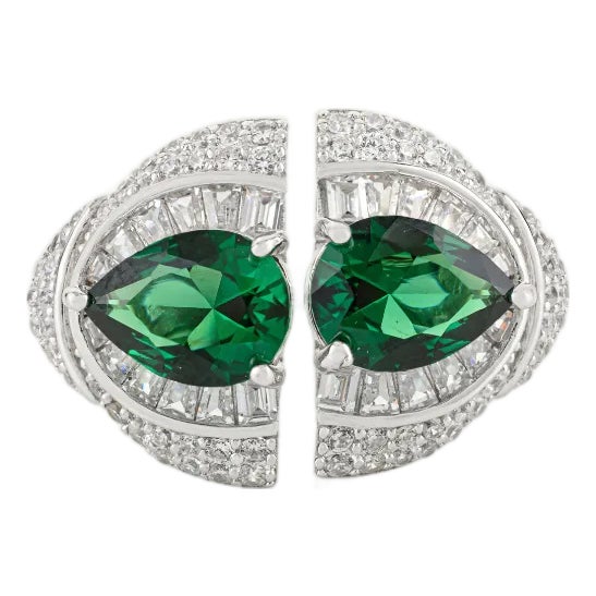 Sterling Silver Front Open Dinner Ring With Green & White Cz - Size 6 For Sale