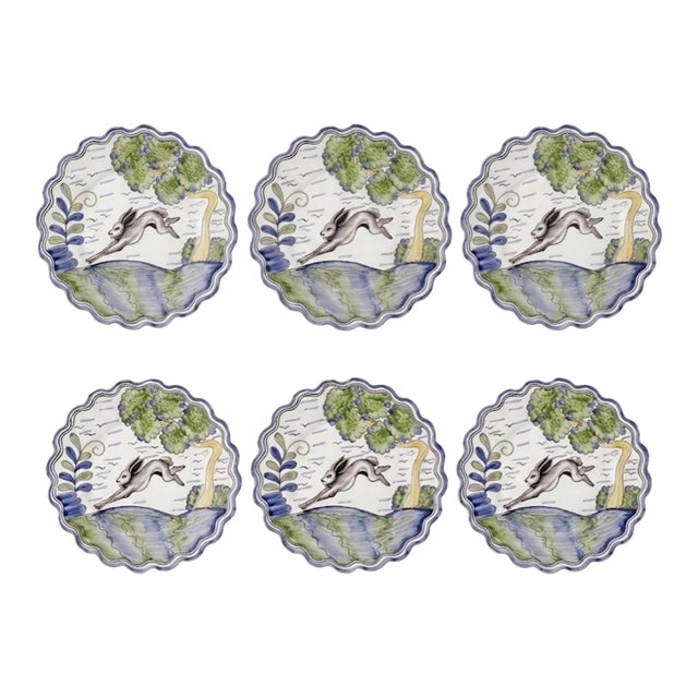 Set of 6 Andrea by Sadek Portuguese Majolica Style Leaping Hare Plates For Sale