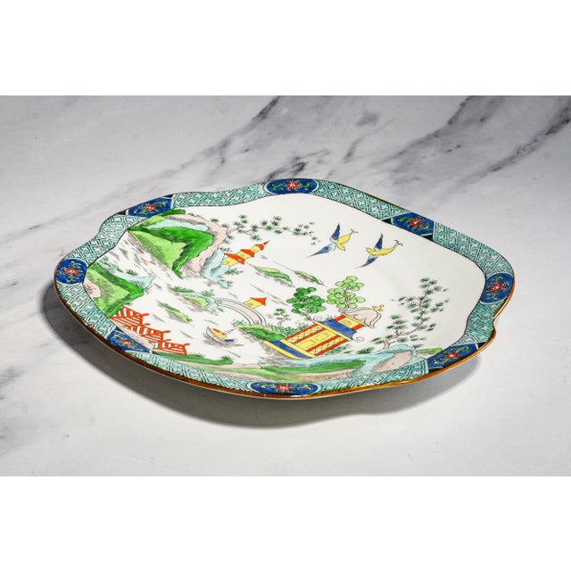 English Hand Painted Square Antique Porcelain Cake Plate Ye Olde Willow Crown Staffordshire Asian Chinoiserie Tiffany & Co Home Decor For Sale - Image 10 of 16