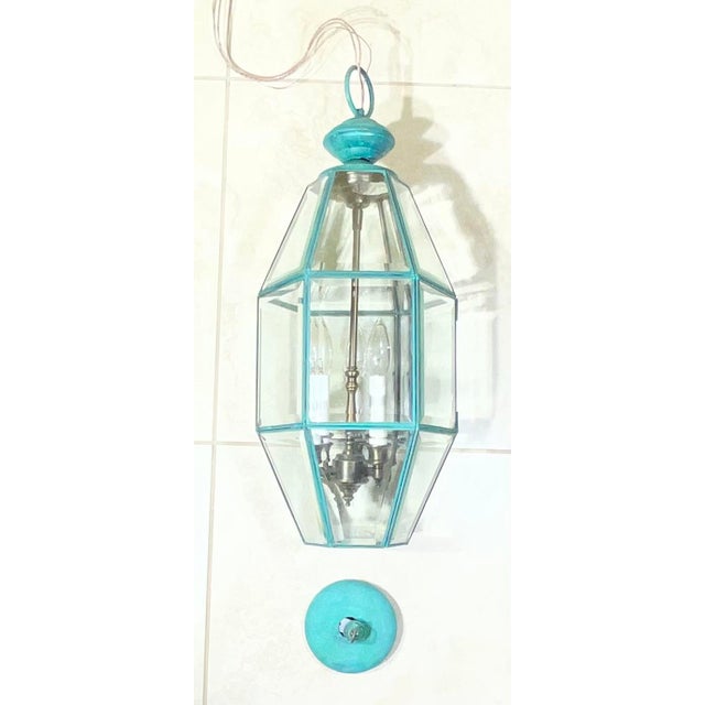 Vintage Hexagonal Solid Brass Hanging Lantern / Foyer Pendant Light 24”h X 10” W For Sale - Image 9 of 18