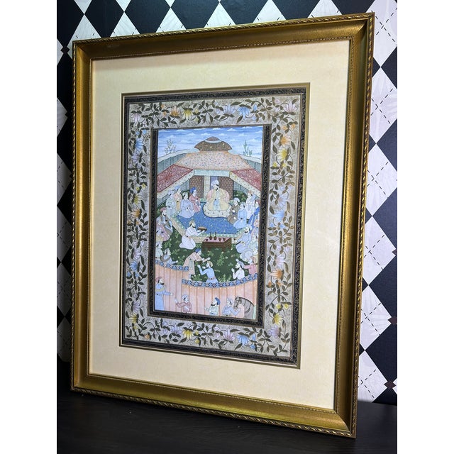 1940s Large Indian Miniature Painting Mughal Royal Court, Framed 30" For Sale - Image 9 of 10