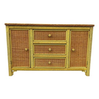 Vintage Henry Link Wicker Buffet Cabinet, Sideboard Credenza 3 Drawers Original For Sale
