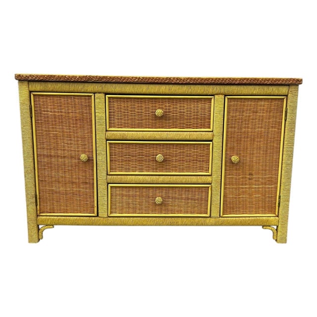 Vintage Henry Link Wicker Buffet Cabinet, Sideboard Credenza 3 Drawers Original For Sale