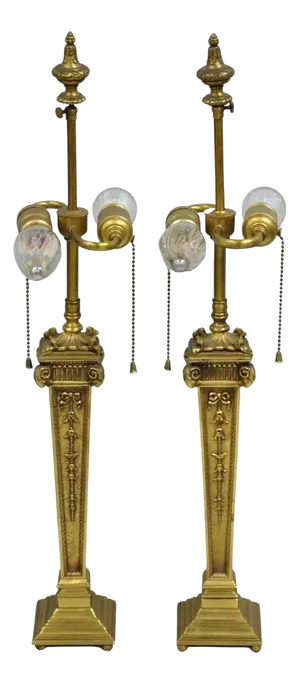 Antique French Empire Regency Rams Head Small Bronze Column Table Lamps - A Pair