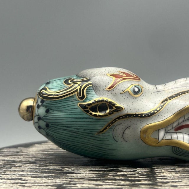 Vintage Porcelain Dragon-Head Snuff Bottle – Celadon Glazed Figural Vessel For Sale - Image 4 of 9