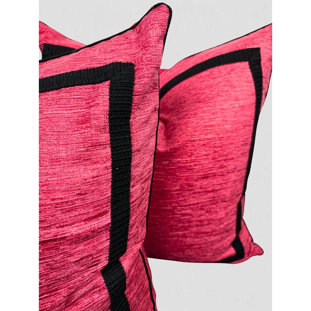 Textile Fuchsia and Black Tape, Cord Custom Pillow Pair For Sale - Image 7 of 9