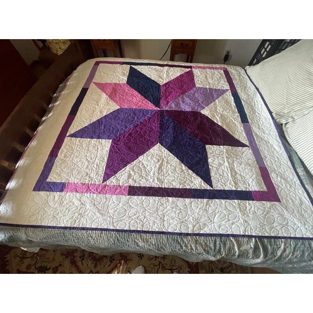 Farmhouse Vintage Arizona Chandler Handmade Purple Beige 8 Pointed Star Quilt For Sale - Image 3 of 6