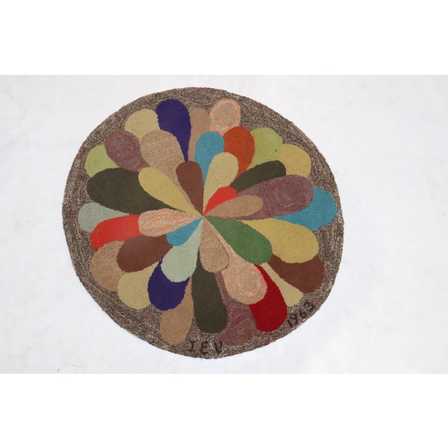 Brown Round American Hooked Rug Dated 1963 For Sale - Image 8 of 18