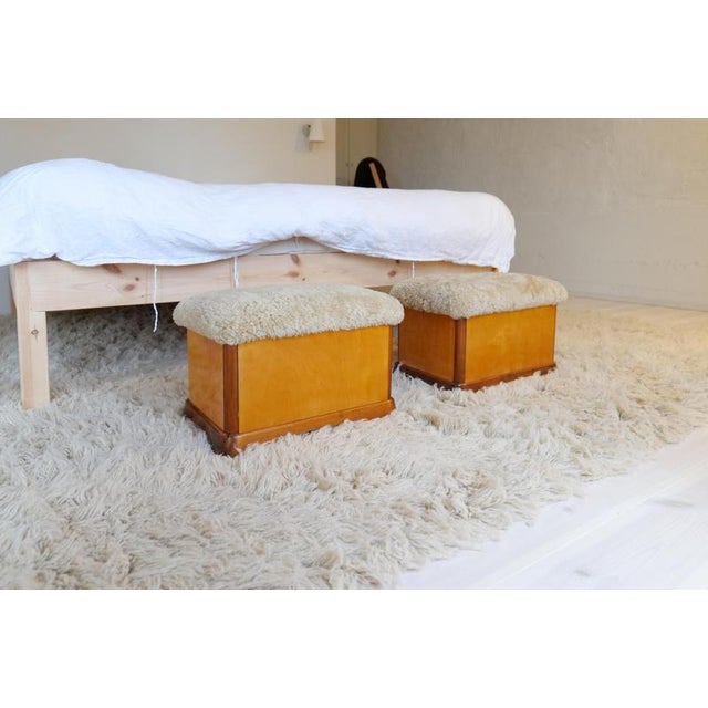 Swedish Art Deco Ottomans in Lacquered Birch with Sheepskin Seats, 1940s, Set of 2 For Sale - Image 4 of 12