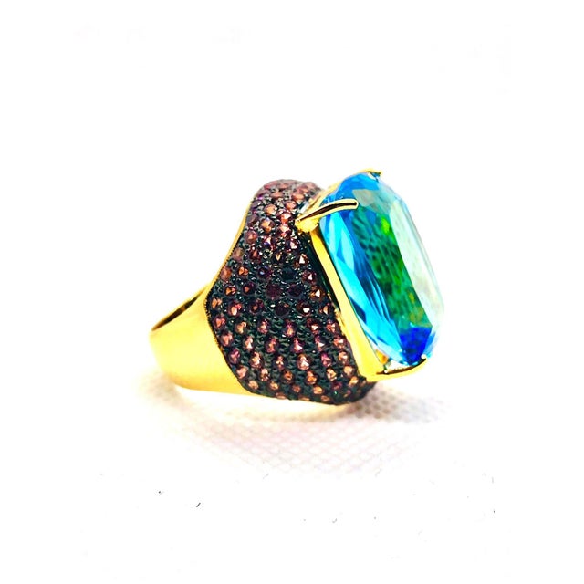 Bochic “Orient” Vintage London Blue Topaz & Orange Sapphire Ring, 18K Gold & Sil For Sale - Image 9 of 16