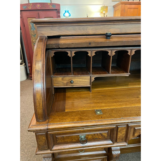 1800's Walnut Burlwood Rolltop Barrel Office Desk For Sale - Image 4 of 12