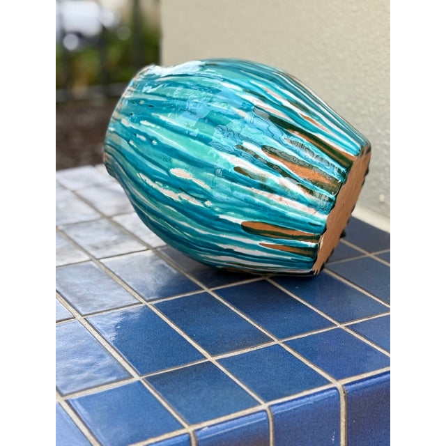 Turquoise Drip Italian Ceramic Vase For Sale In Tampa - Image 6 of 8