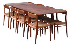 Danish Extendable Teak Dining Table and Model 75 Chairs from Møller, 1960s, Set of 9