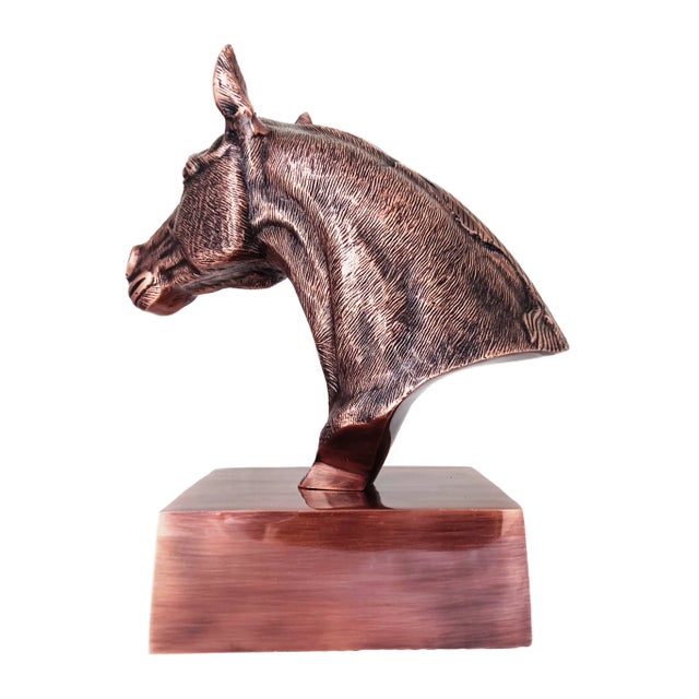 Antique Copper Finish Metal Hand Carved Horse Head Bust Sculpture For Sale - Image 9 of 10