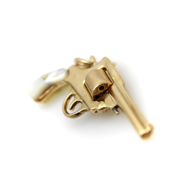Modern Vintage 14k Gold & Mother-of-Pearl Miniature Gun Pendant or Charm For Sale - Image 3 of 8
