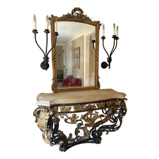 Gilt Iron & Stone Top Console –Rose Tarlow– Hand‑Forged Scrollwork & Classical Elegance For Sale