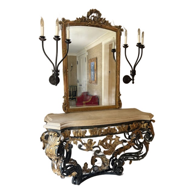 Gilt Iron & Stone Top Console –Rose Tarlow– Hand‑Forged Scrollwork & Classical Elegance For Sale