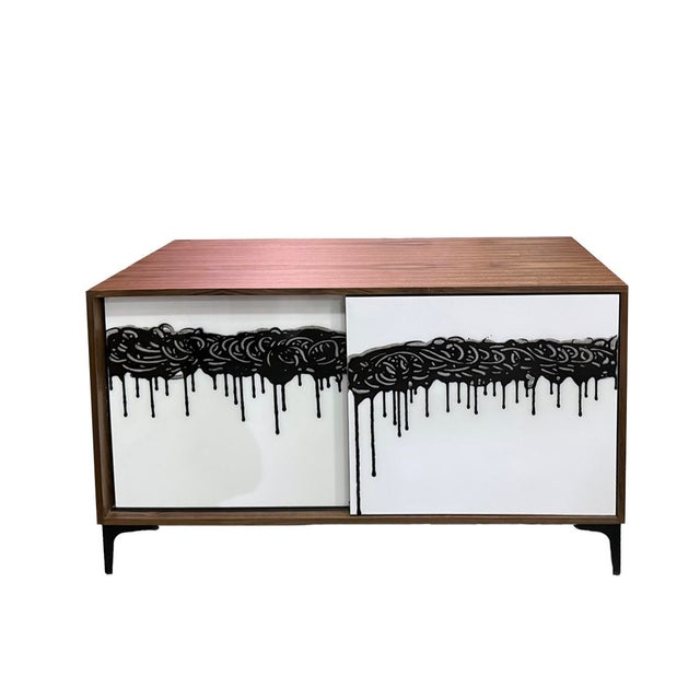 Contemporary Contemporary Walnut Cabinet With Original Hand-Painted Abstract Art Doors - Instock For Sale - Image 3 of 5