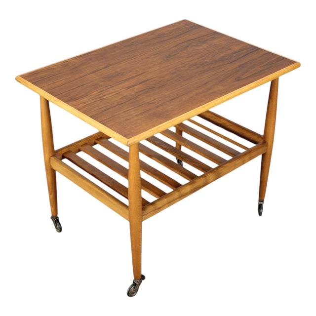 Danish Teak Rolling Table with Shelf, 1960s For Sale