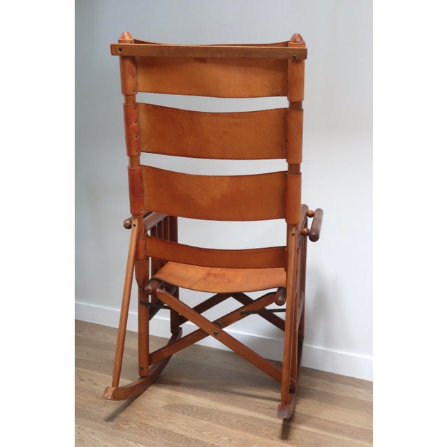 1960s Mid-Century Modern Costa Rican Leather Campaign Folding Rocking Chair For Sale - Image 5 of 7