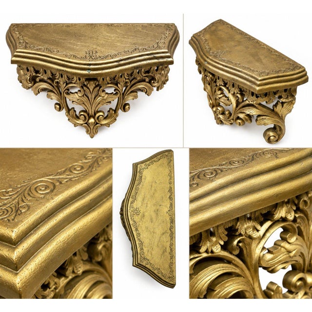 This vintage Burwood Hollywood Regency Victorian gold wall shelf is a stylish and functional addition to any living room...