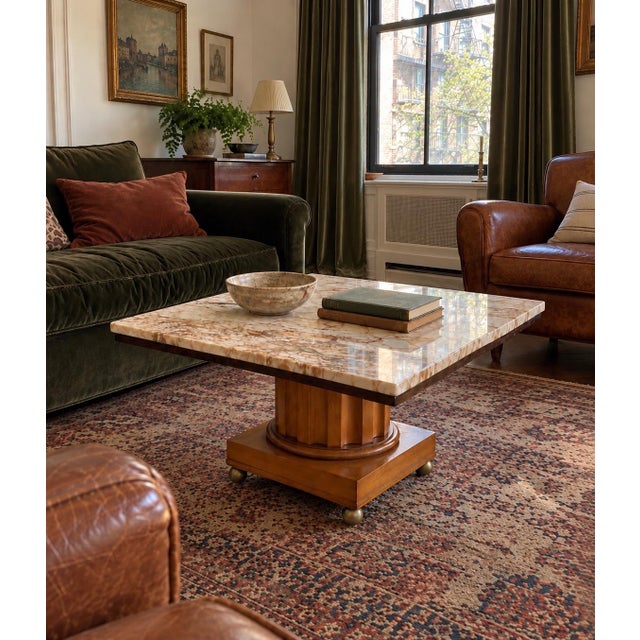 Tan Vintage Mid 20th Century Italian Neoclassical Fluted Wood & Breccia Marble Coffee Table For Sale - Image 8 of 8