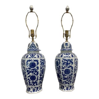 Late 20th Century Blue & White Porcelain Ginger Jar Lamps - a Pair For Sale