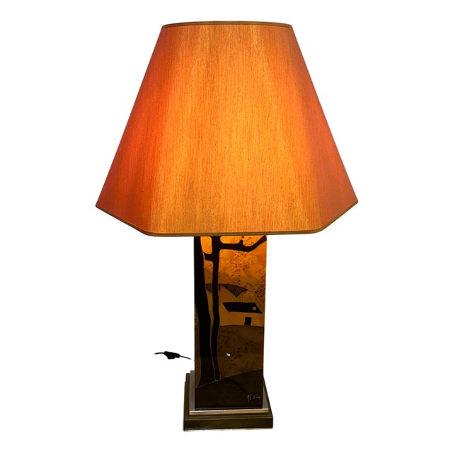 Vintage Table Lamp in Burl Wood with Abstract Inlay by Jean Claude Mahey, 1970s For Sale