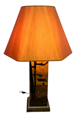 Vintage Table Lamp in Burl Wood with Abstract Inlay by Jean Claude Mahey, 1970s