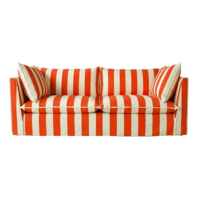 Sophie Conran Coco 3 Seater Sofa - Petunia Red Wide Stripes with Knife Edge Cushion For Sale