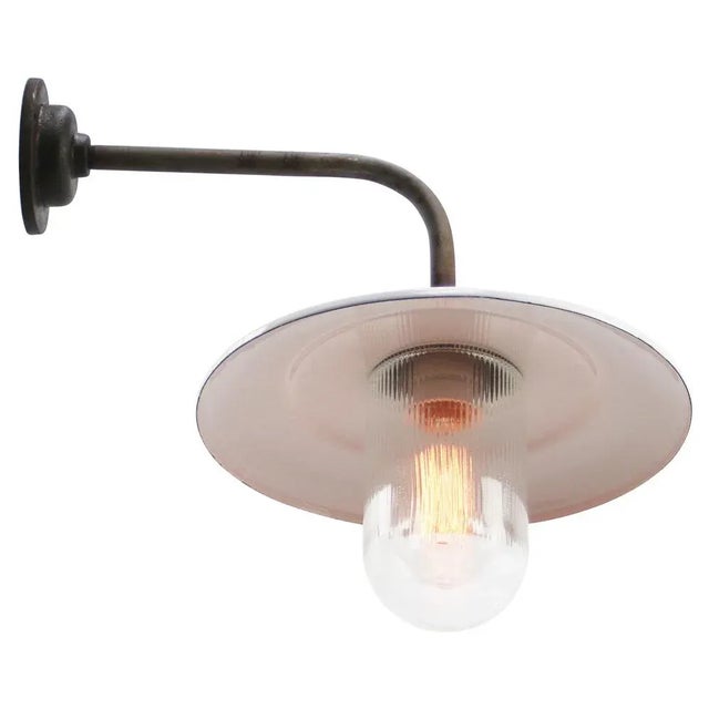 Vintage Industrial Brass and Glass Wall Light in White Enamel For Sale - Image 4 of 6