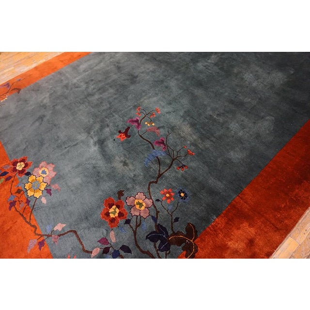 Textile Exceptional Army Green Color Ground With Bits of Chinese Ornament Floral Design Antique Chinese Art Deco Rug For Sale - Image 7 of 15